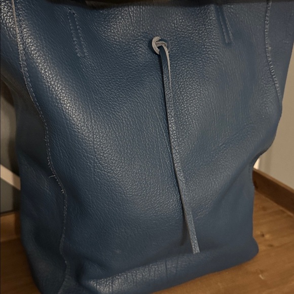 Handbags - Women's Blue Leather Drawstring Tote